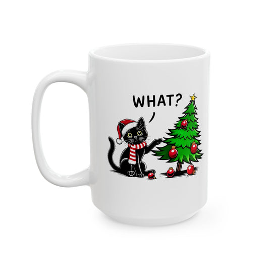 Black Cat in Santa Hat Mug | Christmas Tree Holiday Coffee Cup