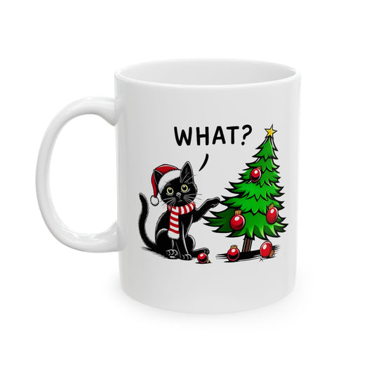 Black Cat in Santa Hat Mug | Christmas Tree Holiday Coffee Cup